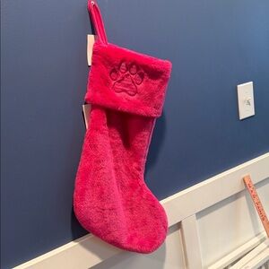Martha Stewart Fuzzy Fluffy Pink Christmas Stocking With Paw Print NWOT